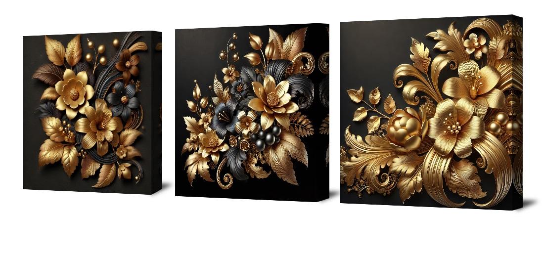 Leinwand Bild 150cm x 50 cm gerahmt Luxus Wandkunst Blumen 4225 – Leinwandbild 150x50 cm 3-teilig kaufen