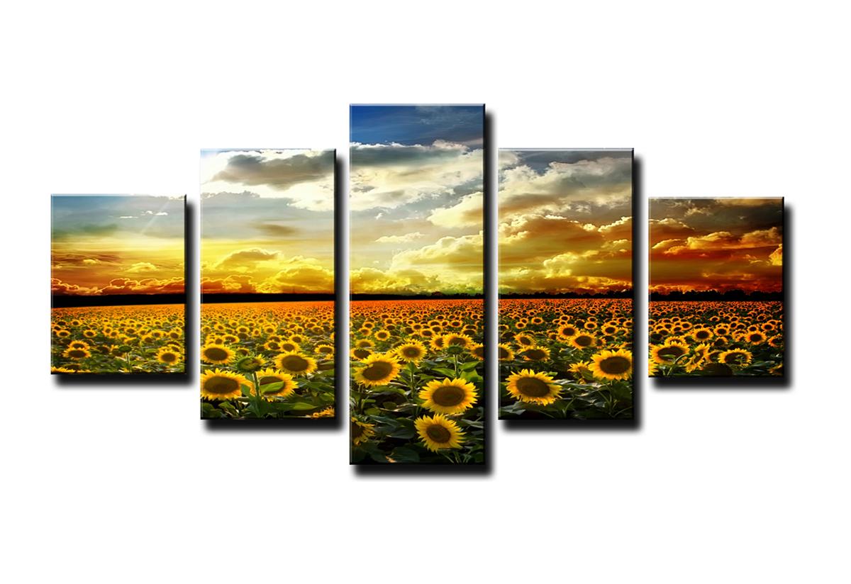 Sonnenblumen Leinwandbild 150x80cm - 5 Teile fertig gerahmt