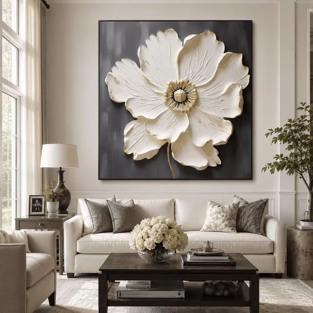Square White‑Gold Flower Wall Art