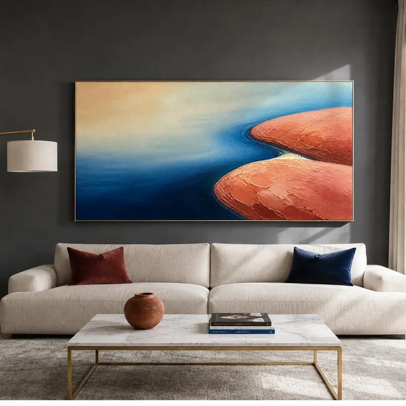 Textured Blue and Terracotta Abstract Landscape Wall Art
