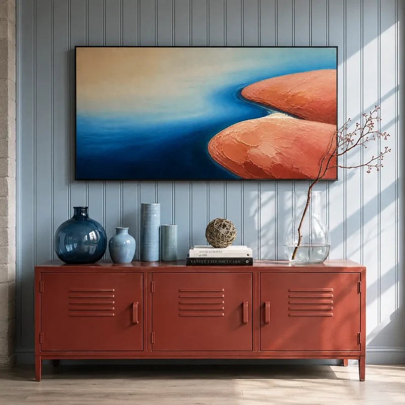 Textured Blue and Terracotta Abstract Landscape Wall Art – 2