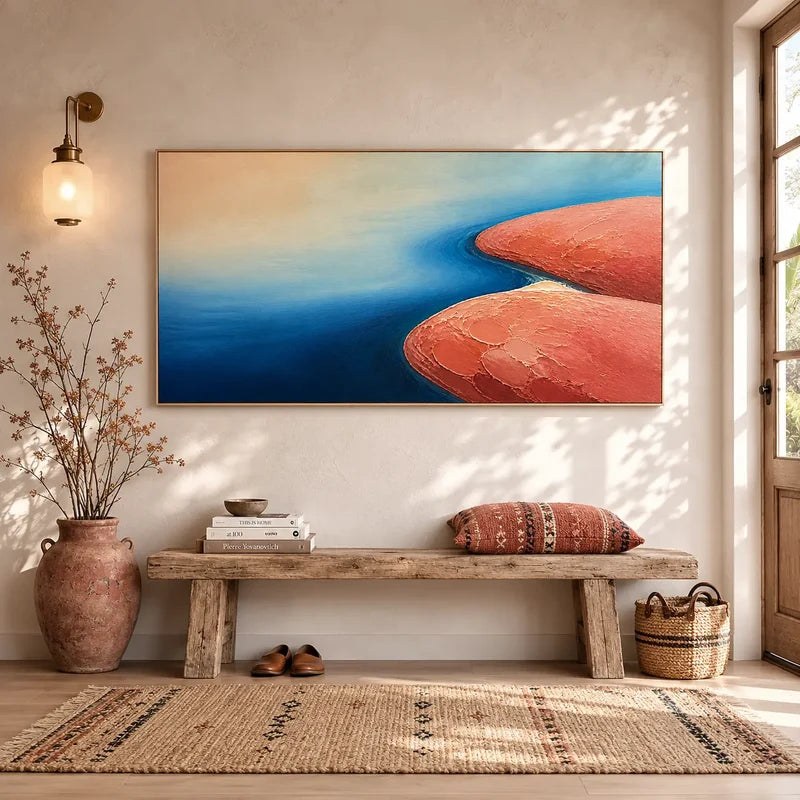 Textured Blue and Terracotta Abstract Landscape Wall Art – 4