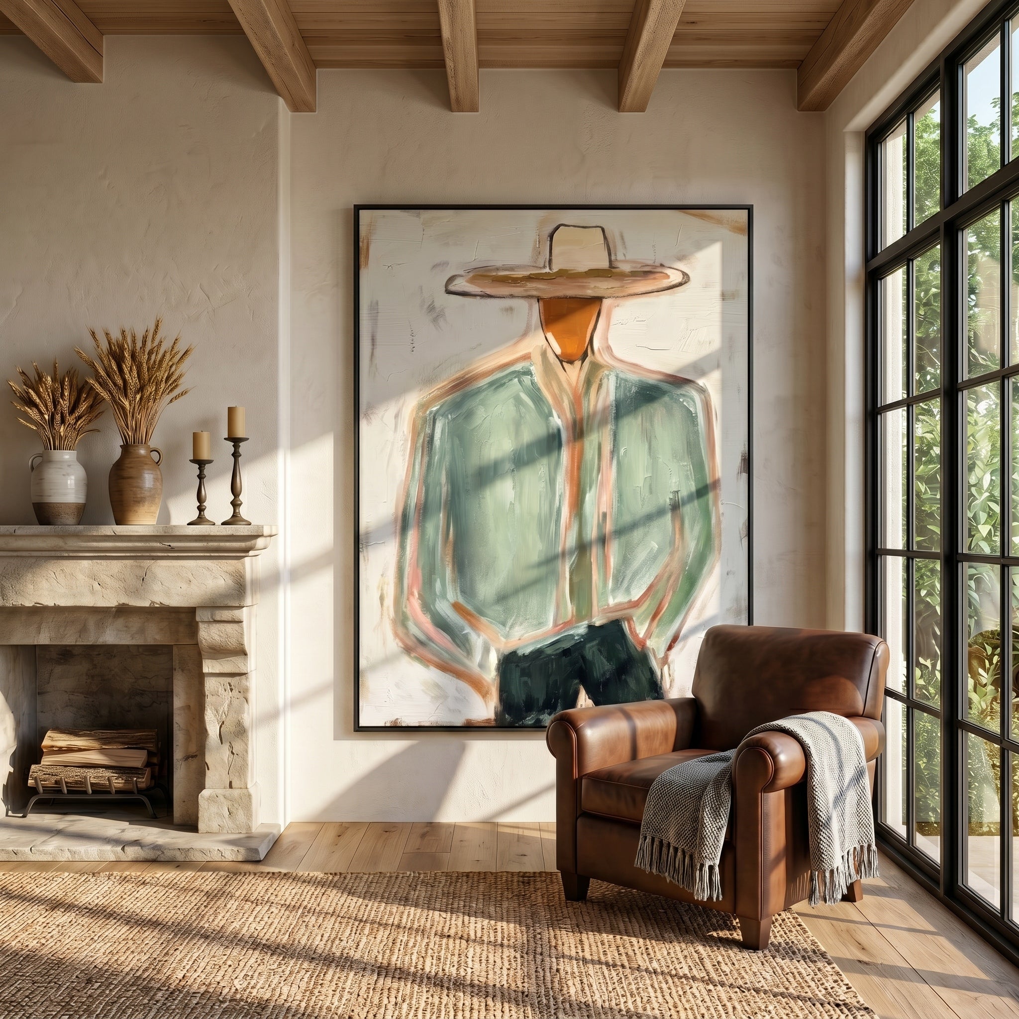 The Wanderer's Soul - Modern Sage Green Cowboy Figurative Painting – 3