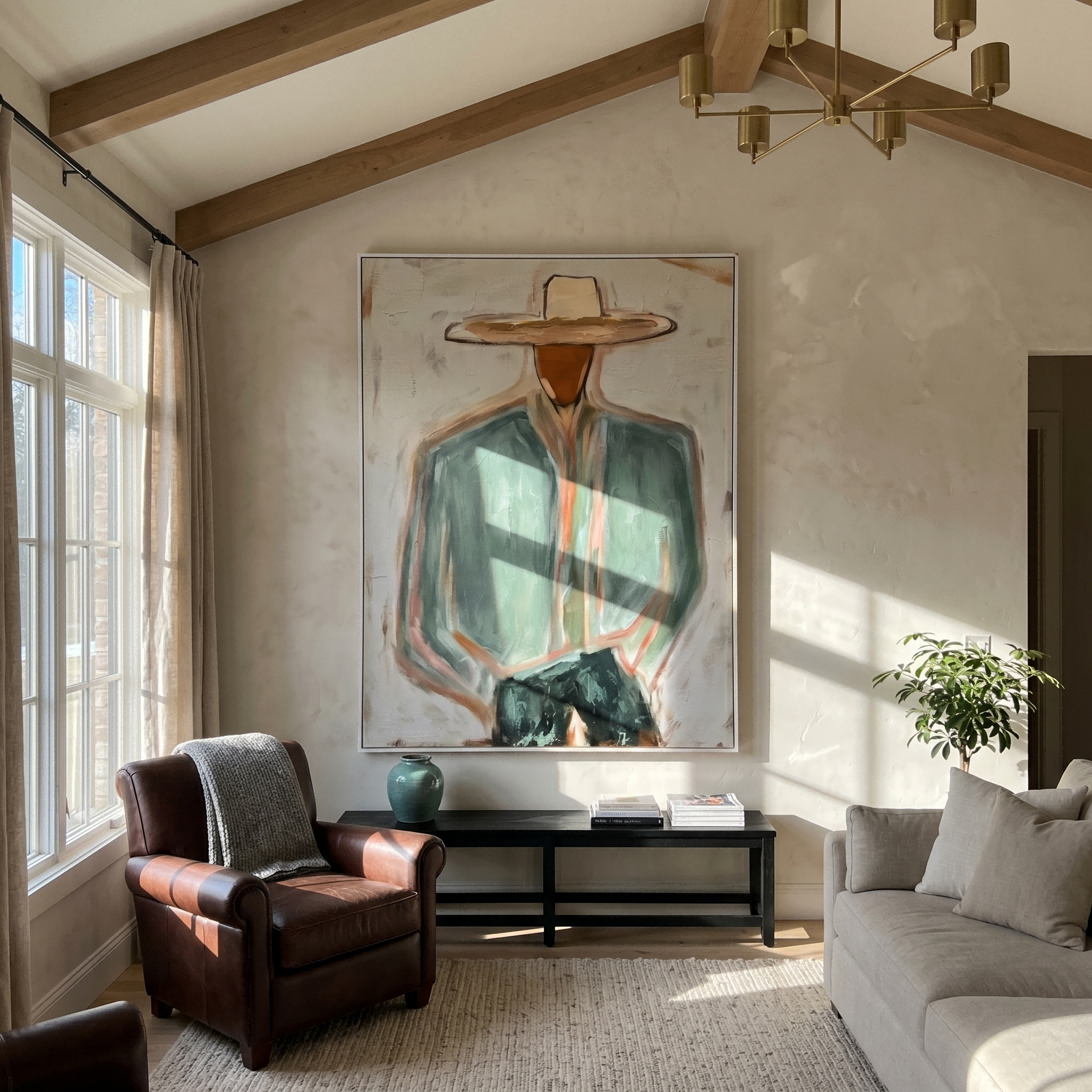 The Wanderer's Soul - Modern Sage Green Cowboy Figurative Painting – 6