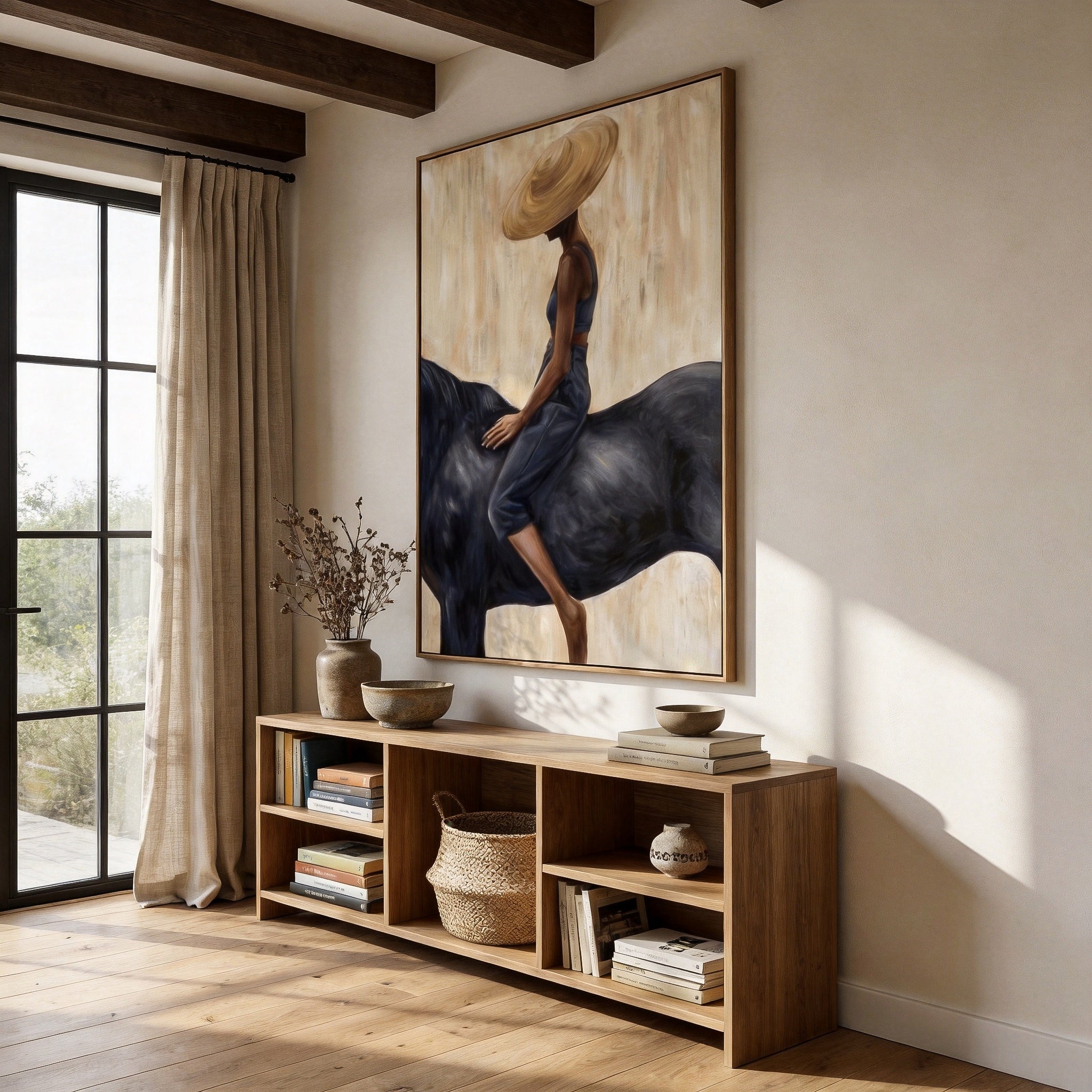 Grace in the Wild - Modern Fashion Black Horse & Woman Painting