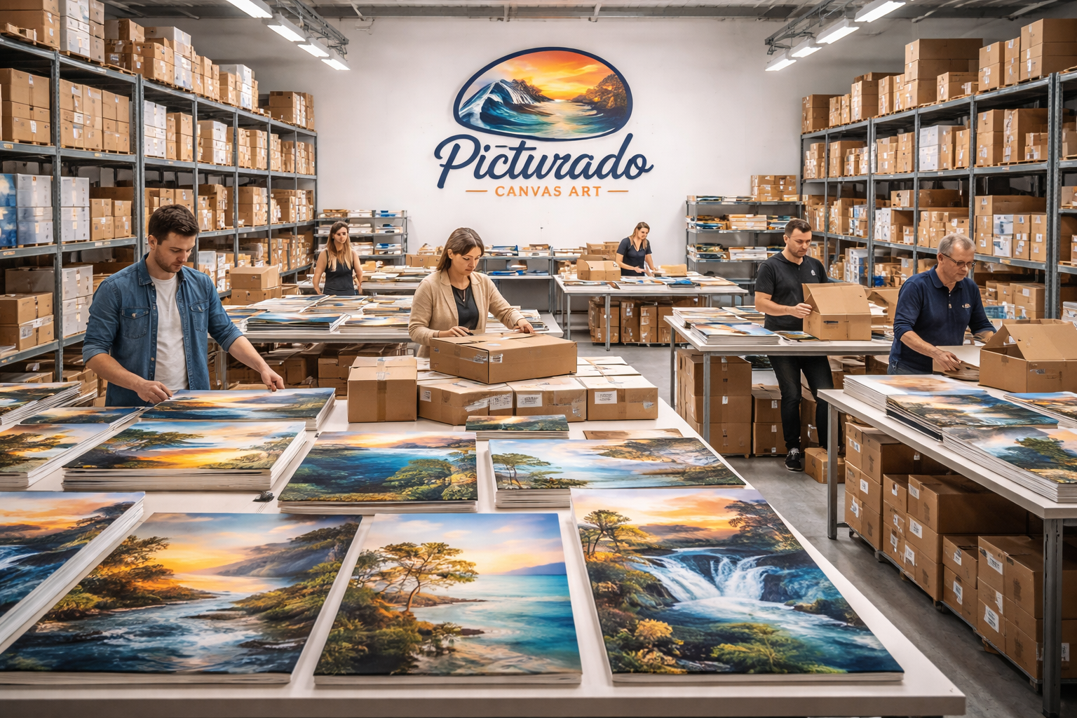 Picturado Lager – fertige Leinwandbilder werden verpackt