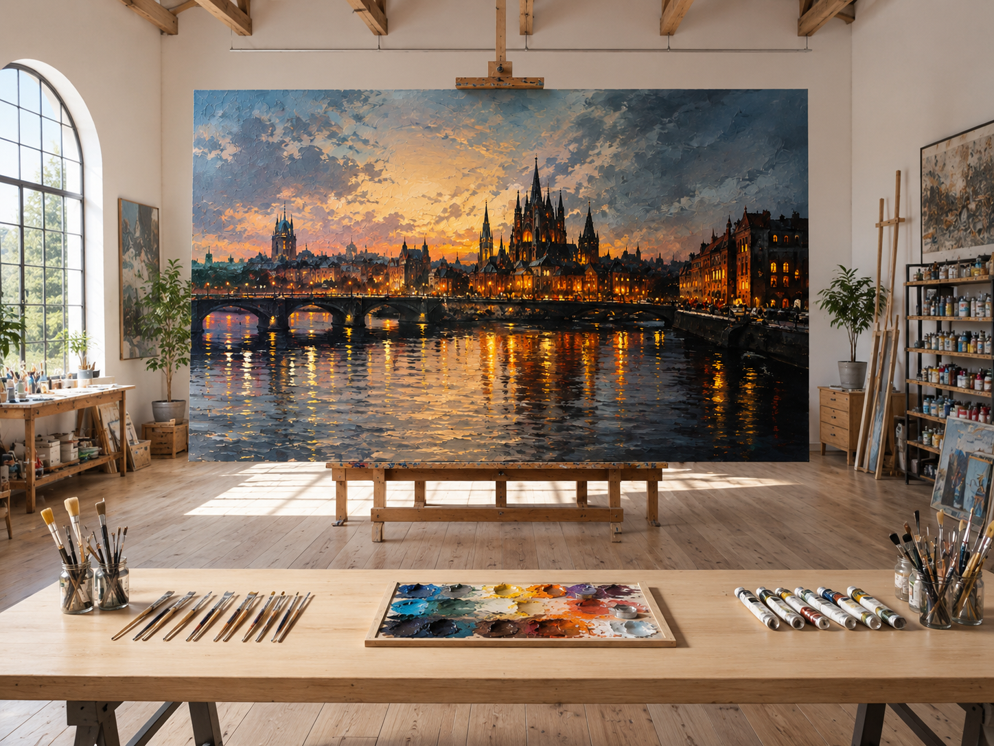 Großformatiges, handgemaltes Stadtmotiv auf einer Staffelei im Atelier