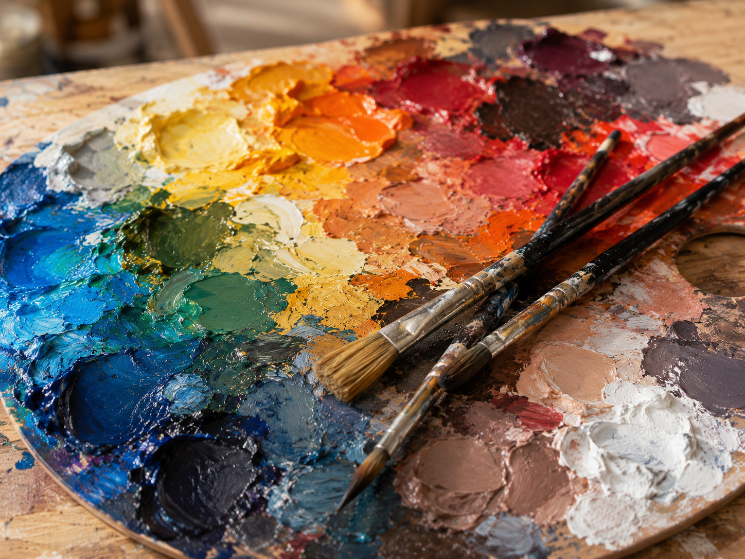 Farbpalette mit gemischten Ölfarben und Pinseln
