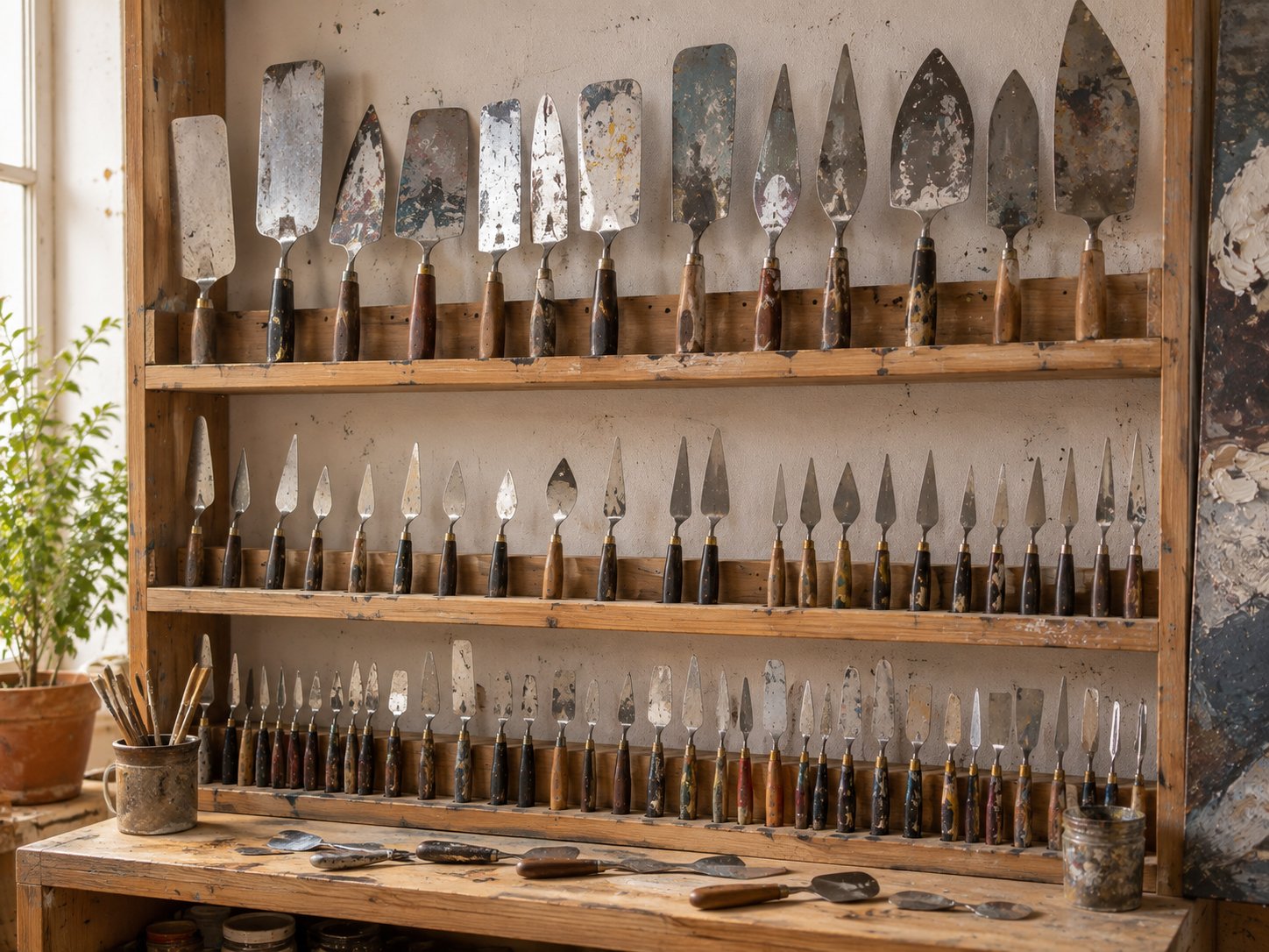 Wandregal mit zahlreichen Malspachteln im Atelier